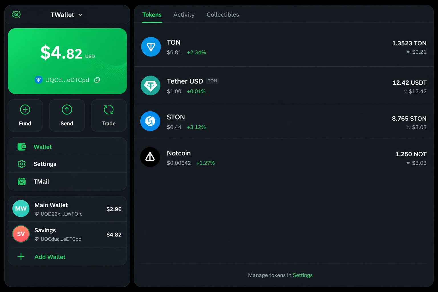 Экран TWallet с балансом и токенами